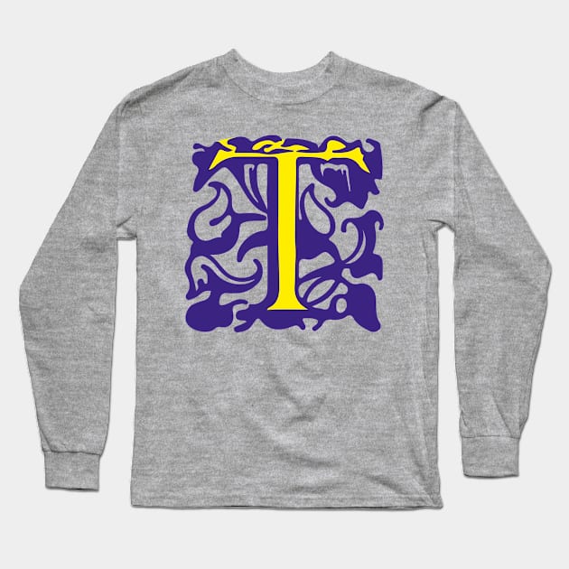 Letter T in yellow with violet ornaments Long Sleeve T-Shirt by Creative Art Store